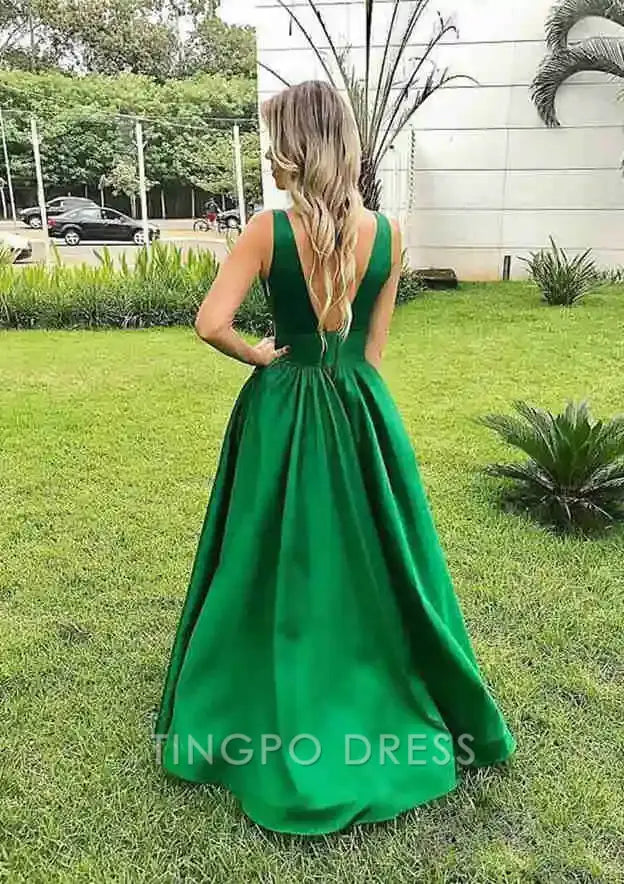 TingPo Wholesale Elegant A-line V Neck Sleeveless Long/Floor-Length Satin Prom Dress With Pleated
